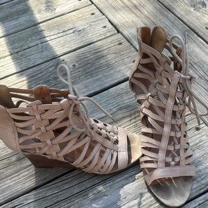 Nine West Beige Lace-Up Wedges